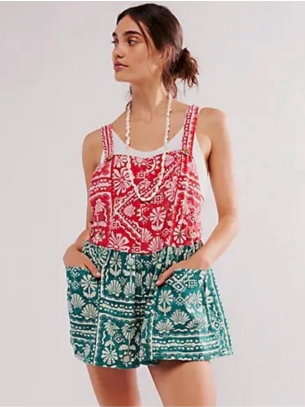Free People | Tropical Floral Shortalls in Red and Green - Picture 1 of 12